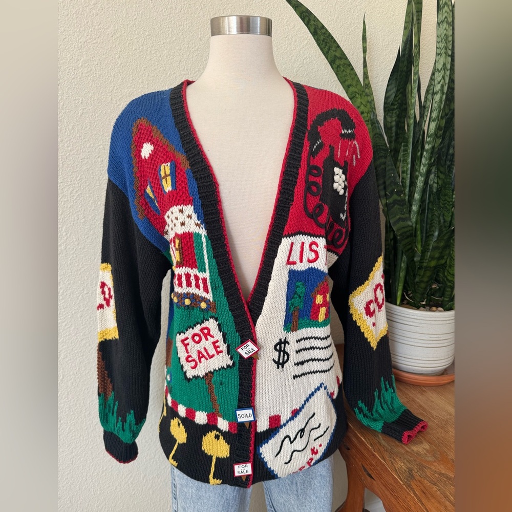 Vintage Belle Pointe Realtor Novelty Cardigan Sweater Ramie Cotton Knit small‎